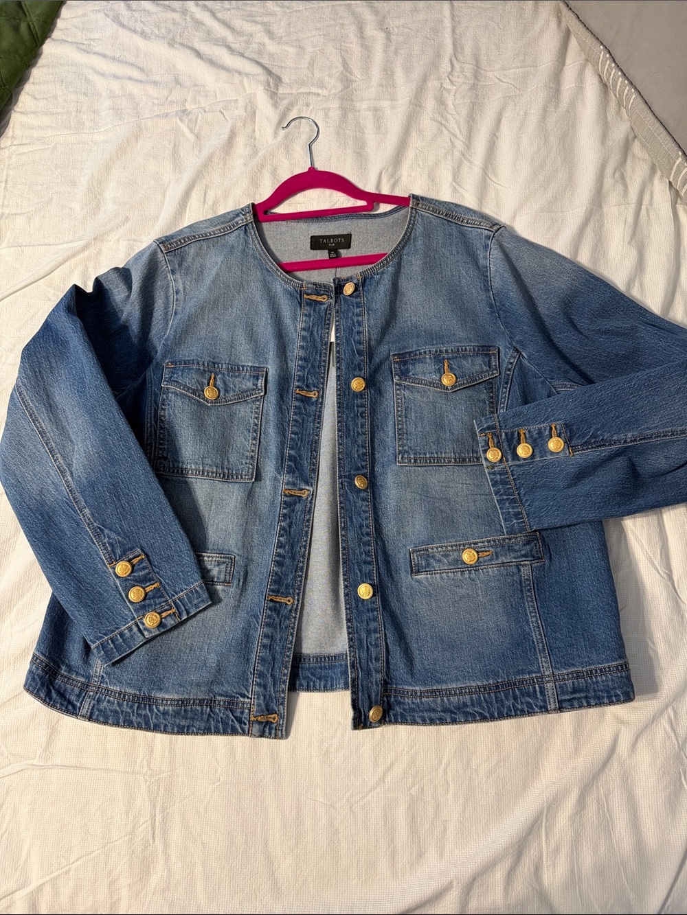 Talbots Blue Denim Collarless Jacket with Gold Buttons NWT